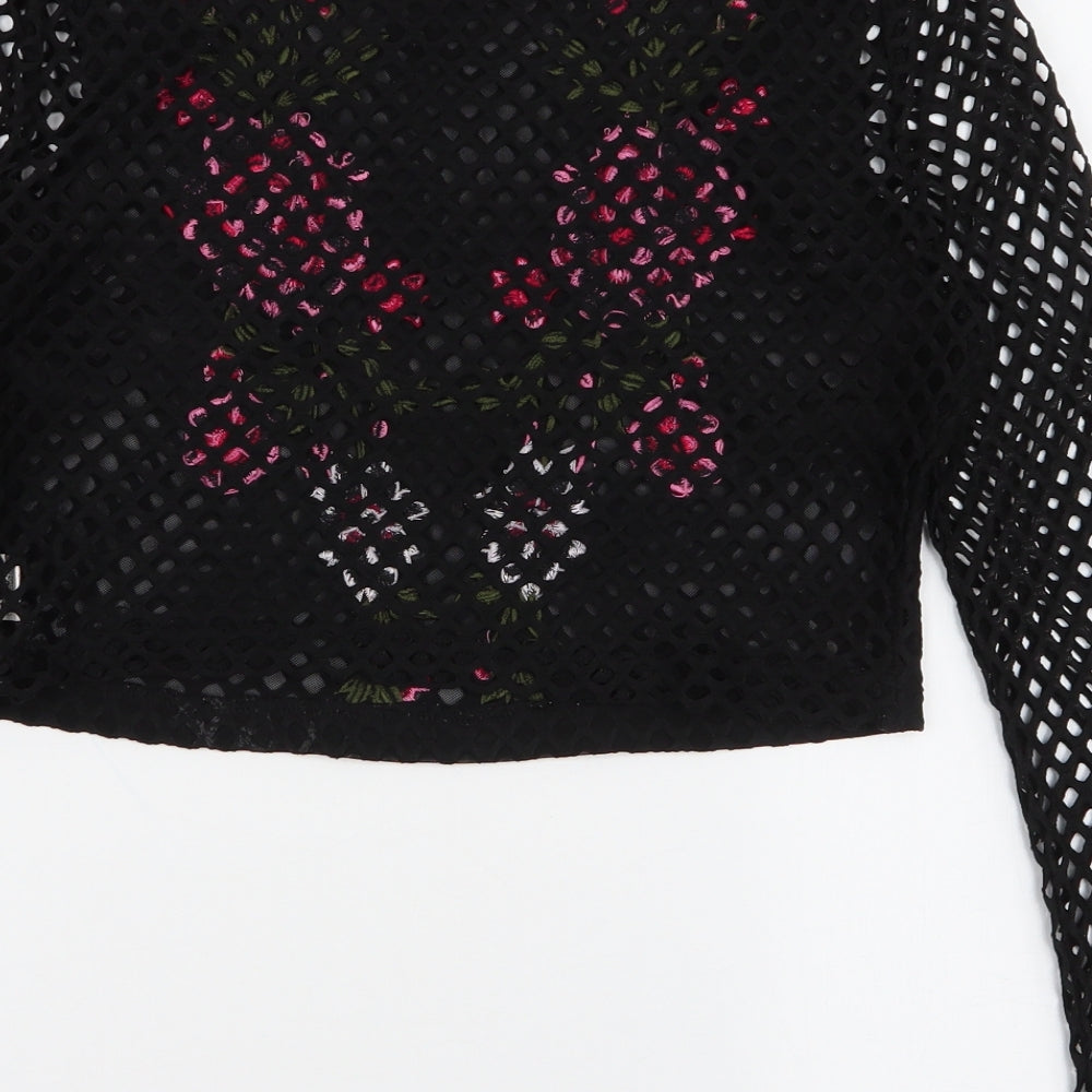 Beauty Angel Womens Black Floral Polyester Cropped Blouse Size 12 Round Neck