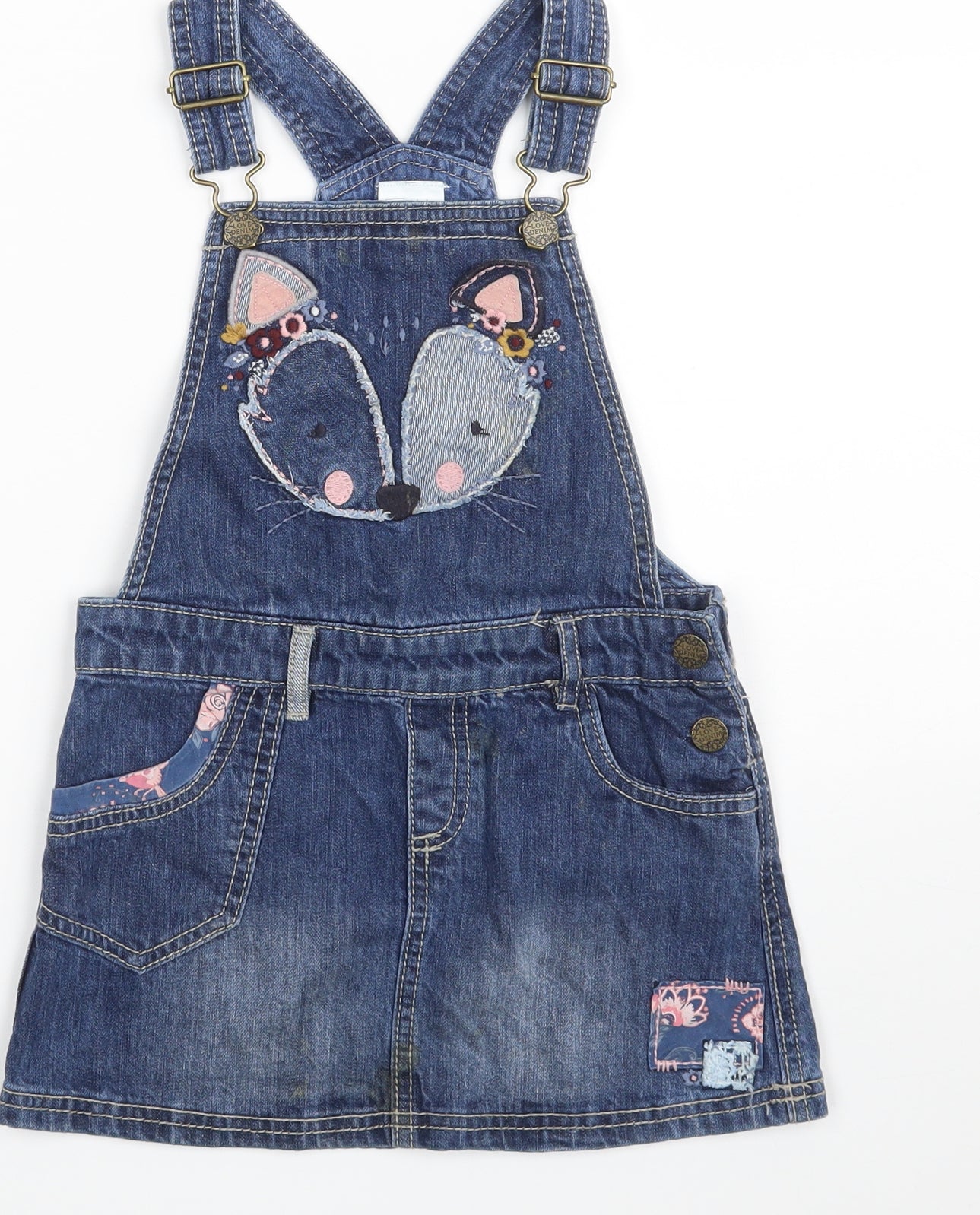 F&F Girls Blue  100% Cotton Pinafore/Dungaree Dress  Size 4-5 Years  Square Neck