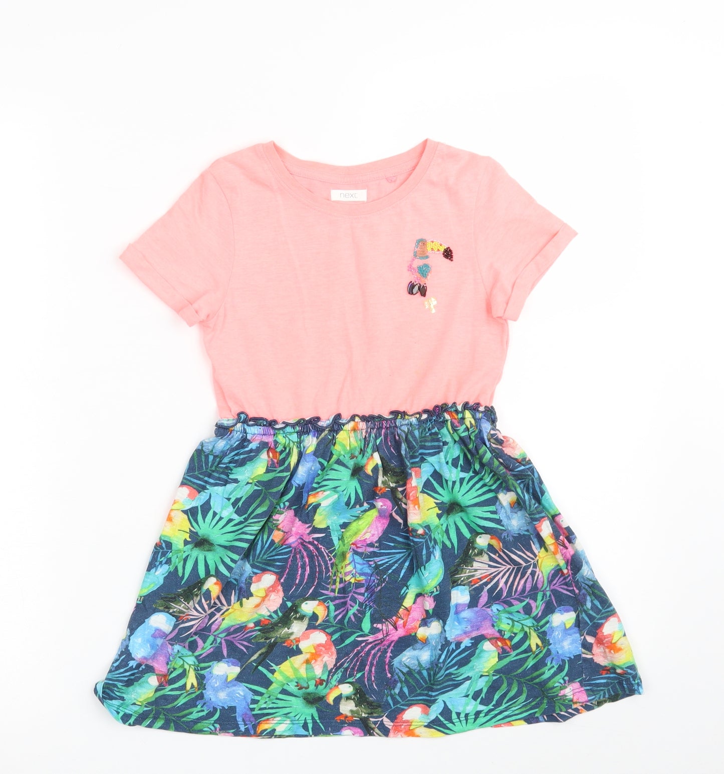 NEXT Girls Multicoloured Floral Cotton T-Shirt Dress  Size 6 Years  Crew Neck  - Parrot
