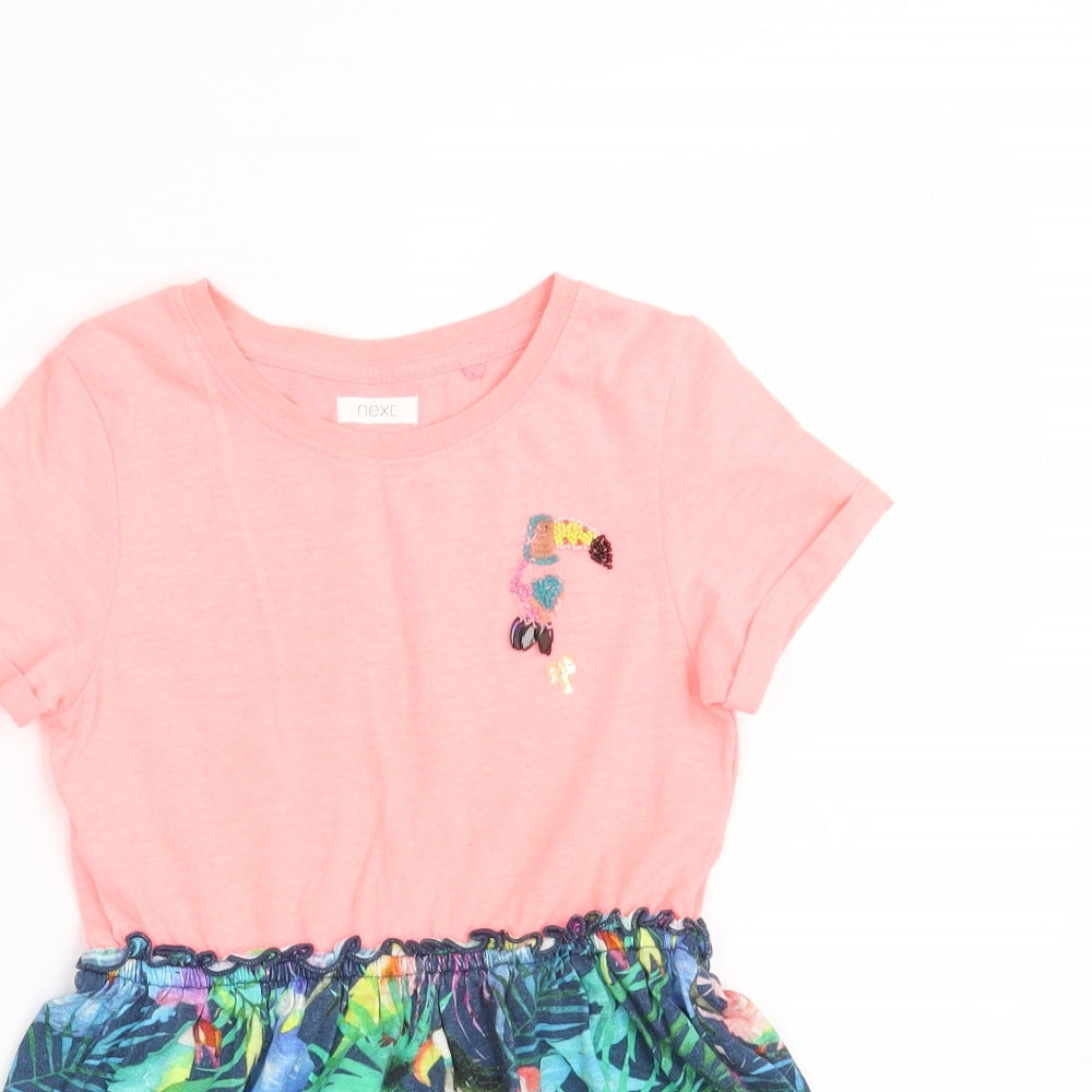 NEXT Girls Multicoloured Floral Cotton T-Shirt Dress  Size 6 Years  Crew Neck  - Parrot