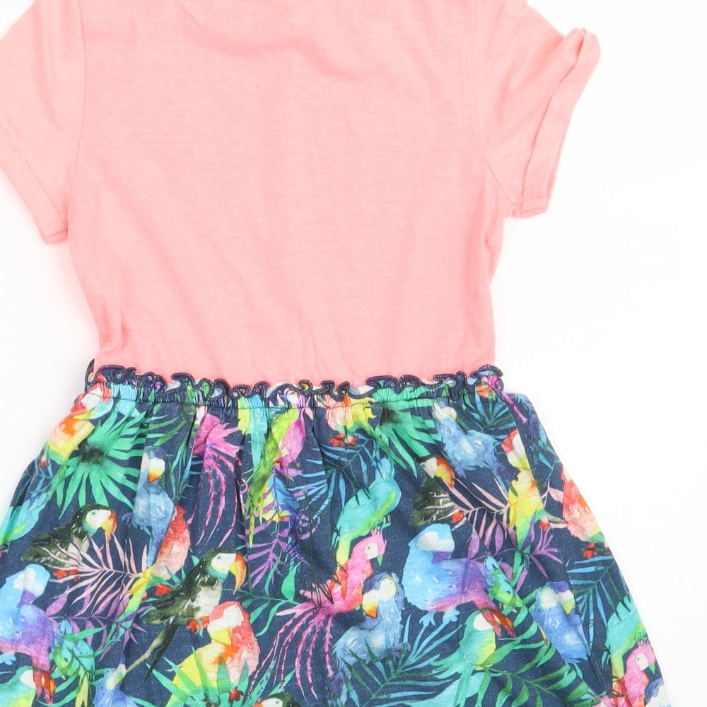NEXT Girls Multicoloured Floral Cotton T-Shirt Dress  Size 6 Years  Crew Neck  - Parrot