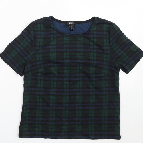 New Look Womens Green Plaid Polyester Cropped T-Shirt Size 10 Crew Neck
