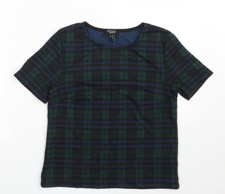 New Look Womens Green Plaid Polyester Cropped T-Shirt Size 10 Crew Neck