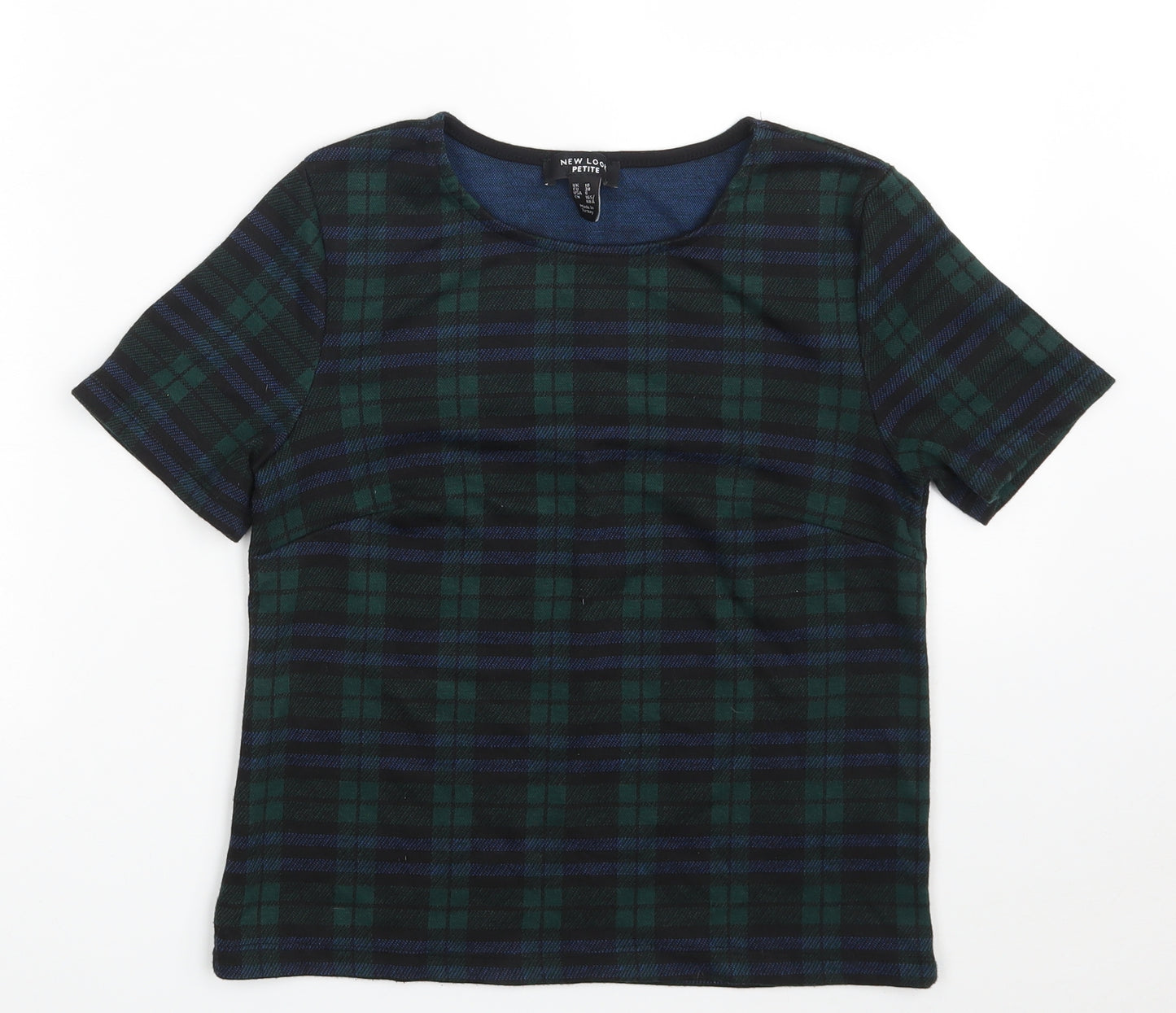 New Look Womens Green Plaid Polyester Cropped T-Shirt Size 10 Crew Neck