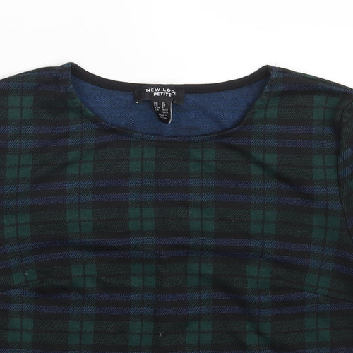 New Look Womens Green Plaid Polyester Cropped T-Shirt Size 10 Crew Neck