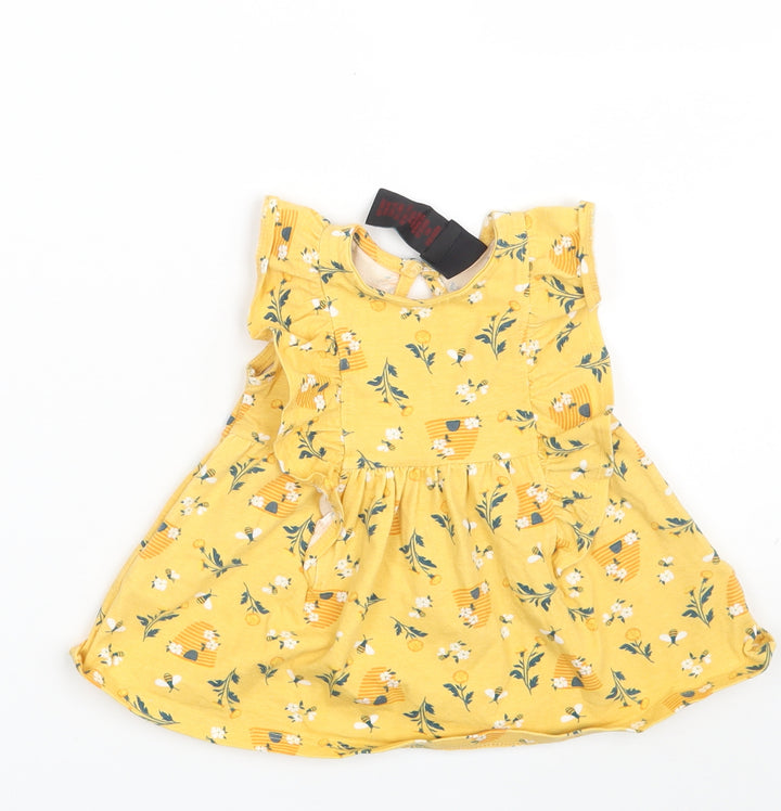 Cynthia Rowley Girls Yellow Floral Cotton T-Shirt Dress Size 12 Months Round Neck Button