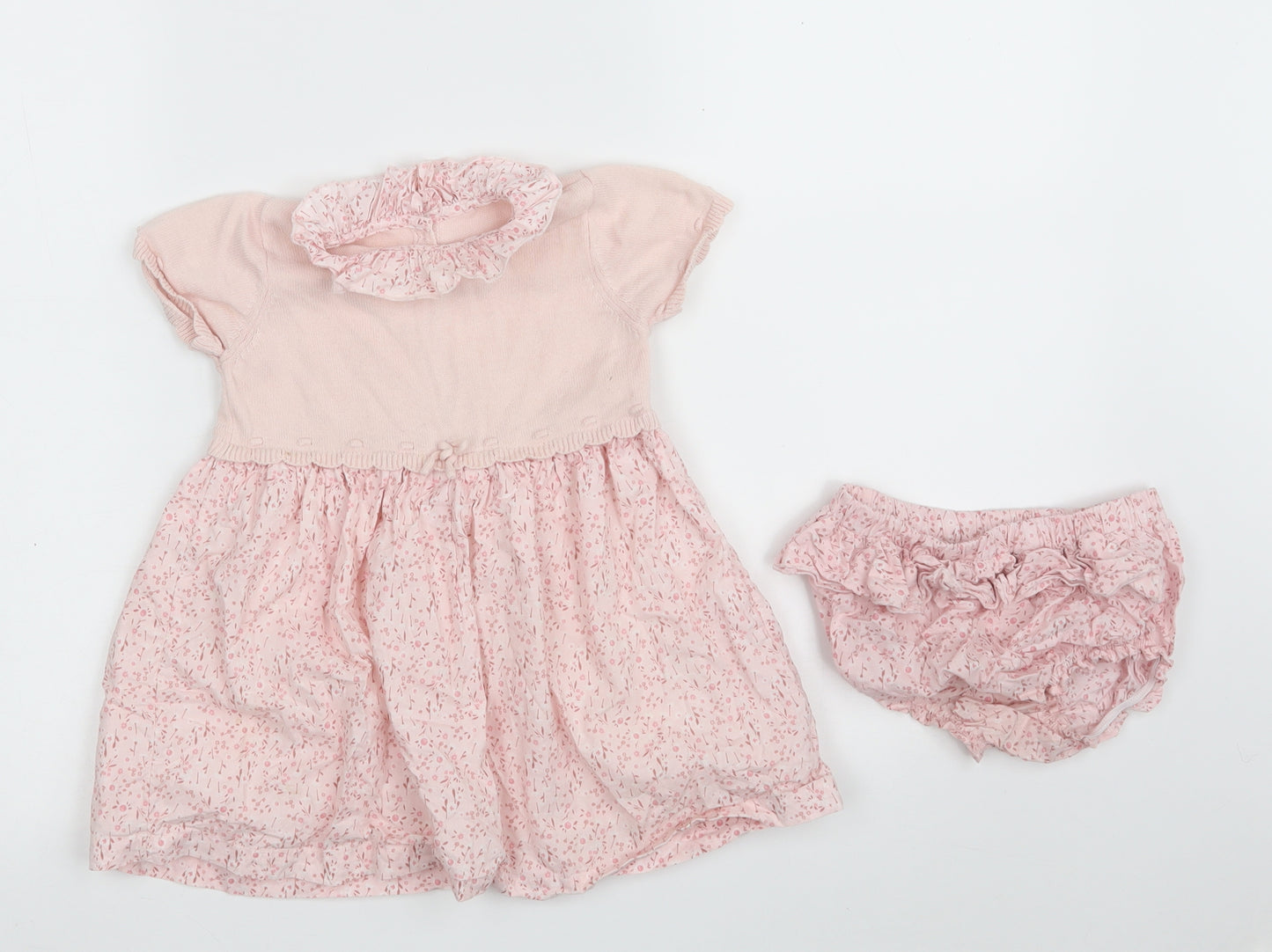 Matalan Girls Pink Floral 100% Cotton Jumper Dress  Size 9-12 Months  Round Neck Button