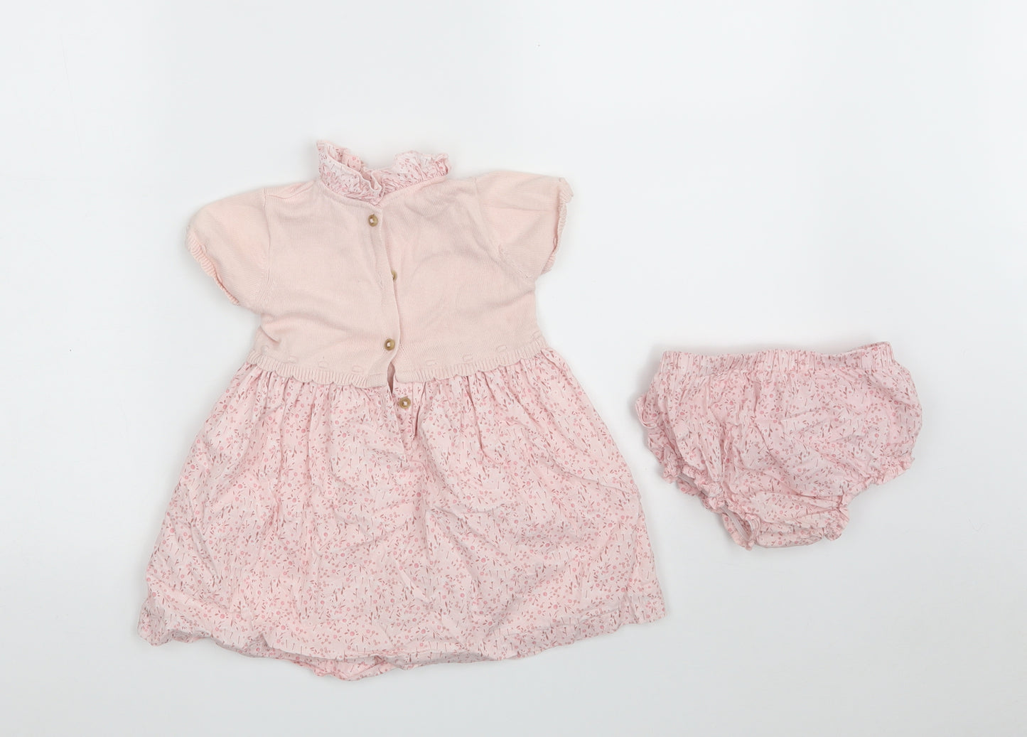 Matalan Girls Pink Floral 100% Cotton Jumper Dress  Size 9-12 Months  Round Neck Button