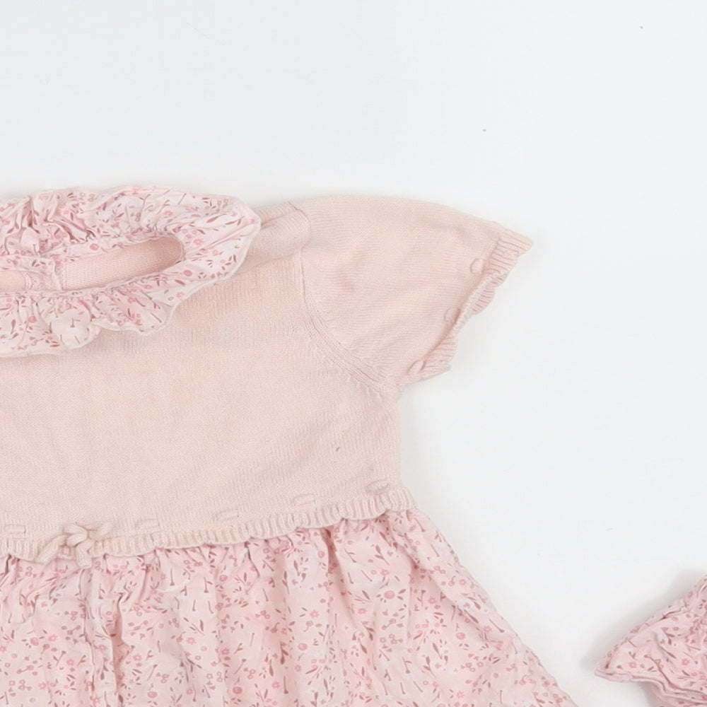 Matalan Girls Pink Floral 100% Cotton Jumper Dress  Size 9-12 Months  Round Neck Button