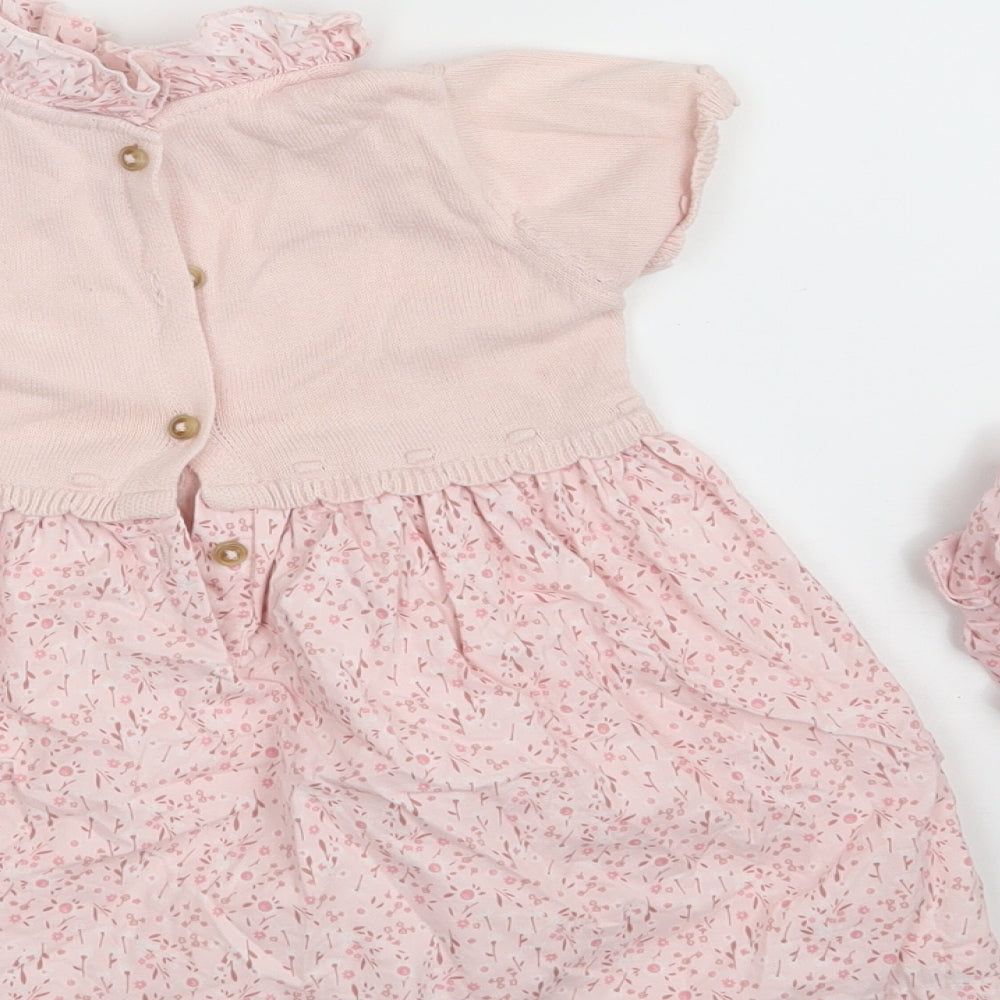 Matalan Girls Pink Floral 100% Cotton Jumper Dress  Size 9-12 Months  Round Neck Button