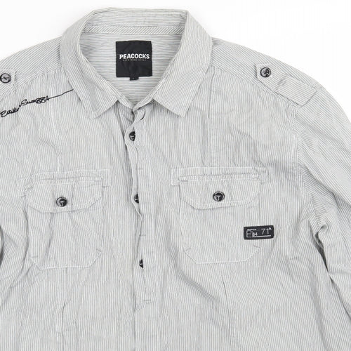 Peacocks Mens White Striped Cotton  Button-Up Size L Collared Button