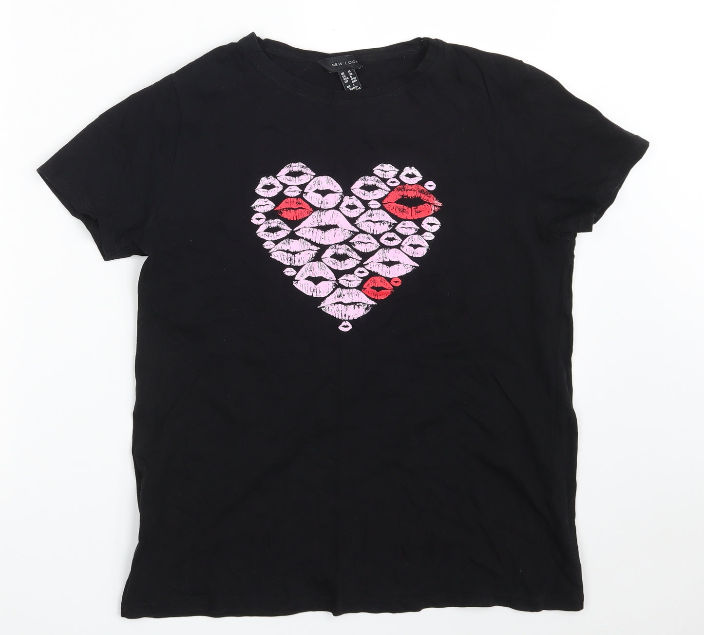 New Look Womens Black  100% Cotton Basic T-Shirt Size 10 Crew Neck - Heart