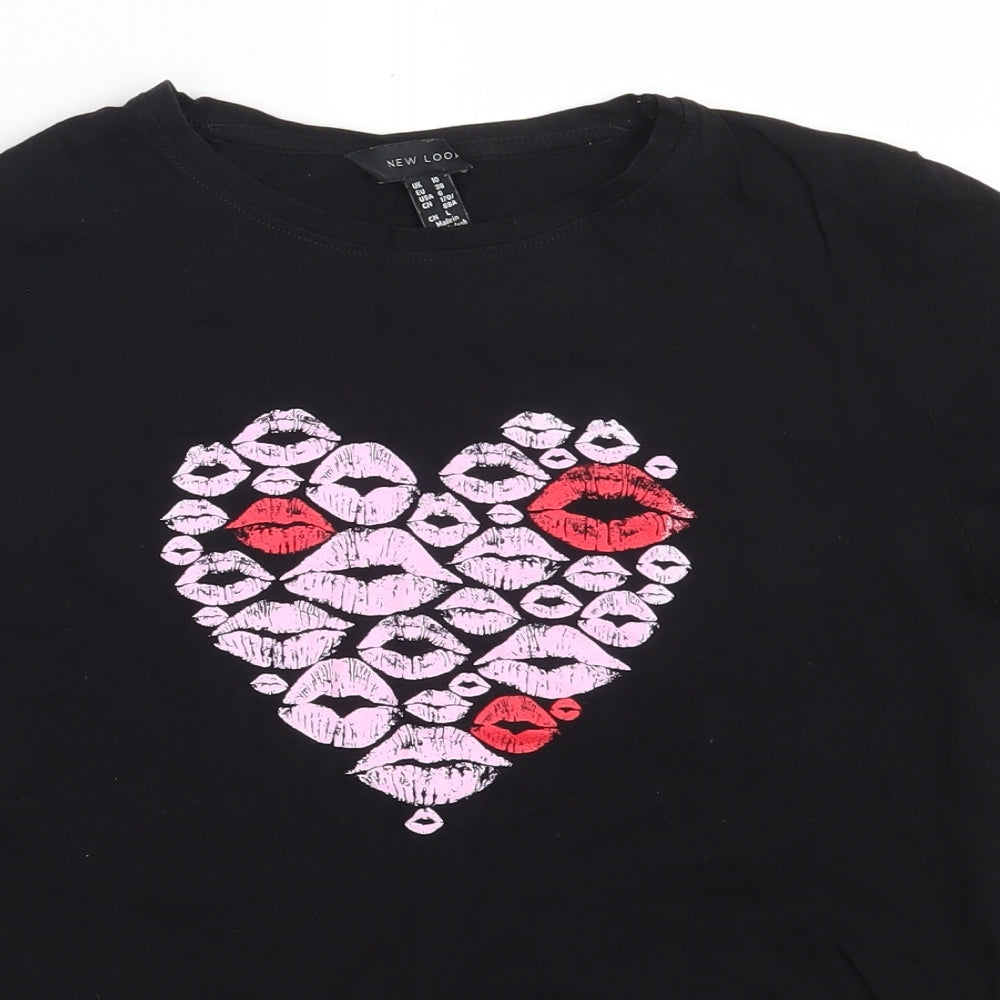 New Look Womens Black  100% Cotton Basic T-Shirt Size 10 Crew Neck - Heart