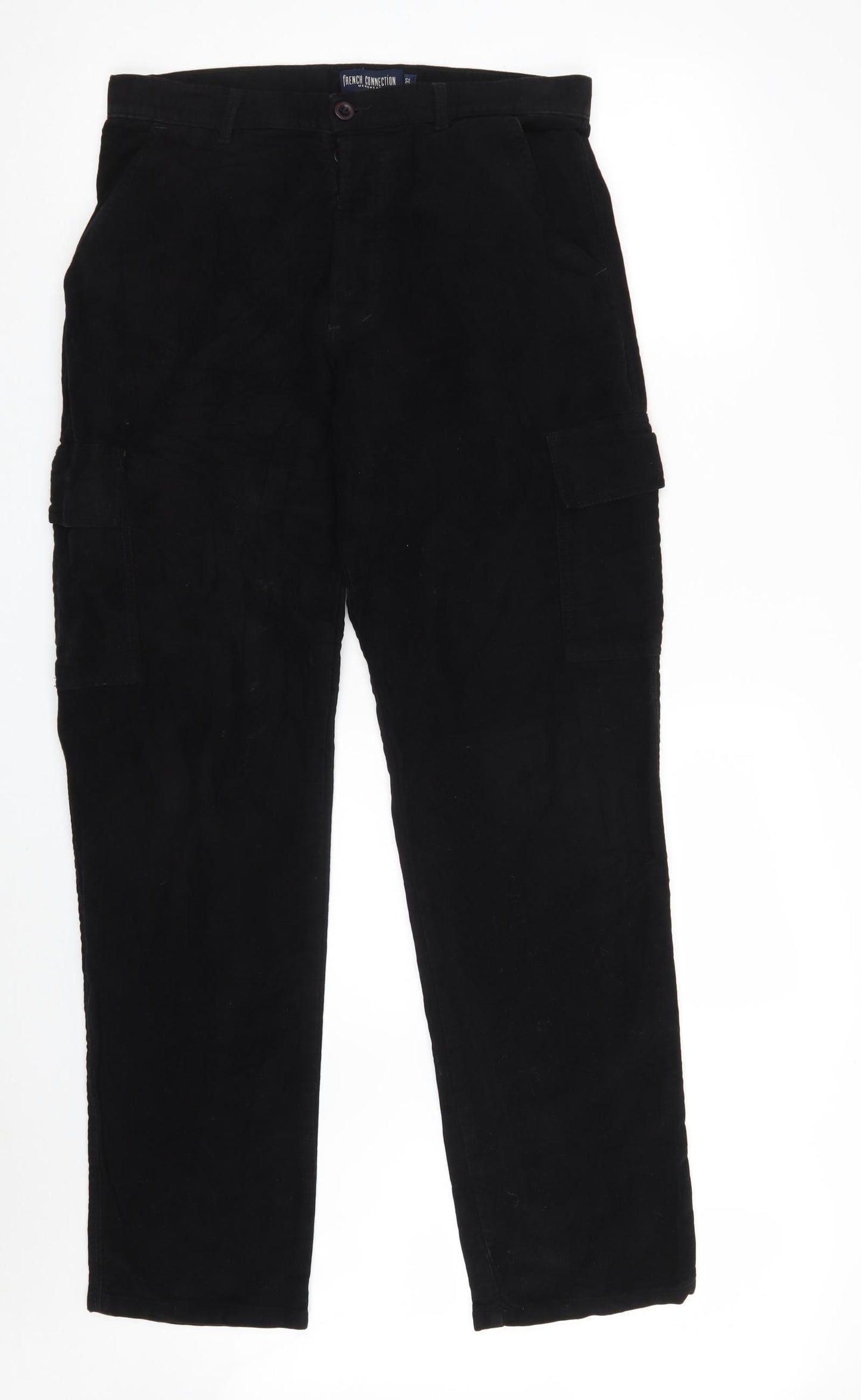 French Connection Mens Black  Cotton Cargo Trousers Size 32 in L32 in Regular Button