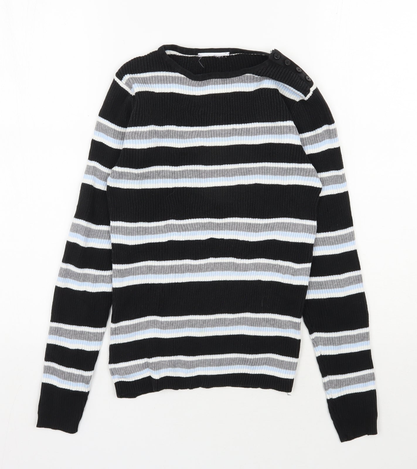 Preworn Womens Black Round Neck Striped Cotton Pullover Jumper Size 8