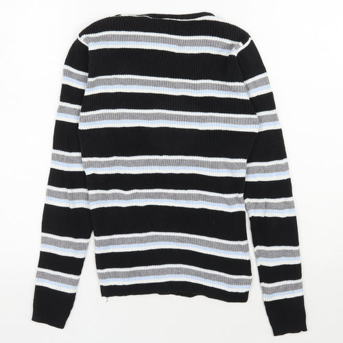 Preworn Womens Black Round Neck Striped Cotton Pullover Jumper Size 8