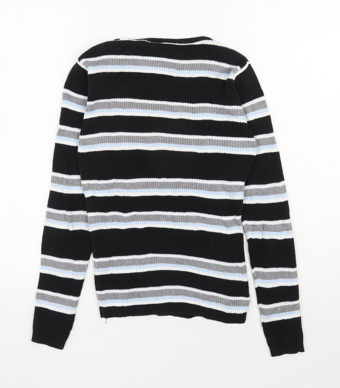 Preworn Womens Black Round Neck Striped Cotton Pullover Jumper Size 8