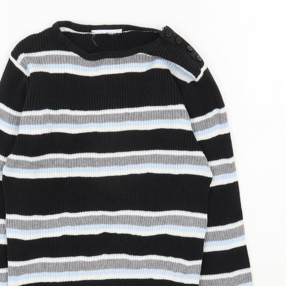 Preworn Womens Black Round Neck Striped Cotton Pullover Jumper Size 8