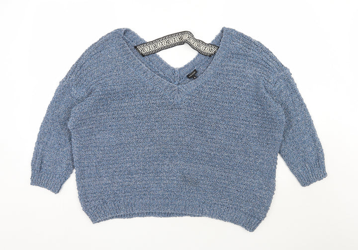 River Island Womens Blue V-Neck  Polyamide Pullover Jumper Size 16