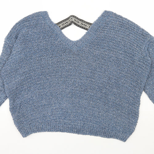 River Island Womens Blue V-Neck  Polyamide Pullover Jumper Size 16
