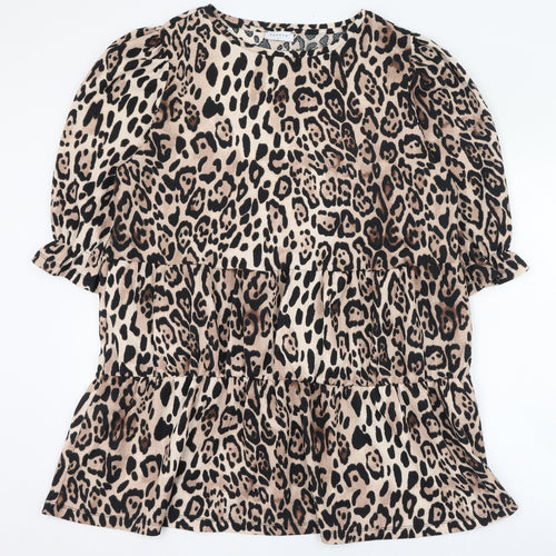 Papaya Womens Beige Animal Print Polyester Basic Blouse Size L Round Neck