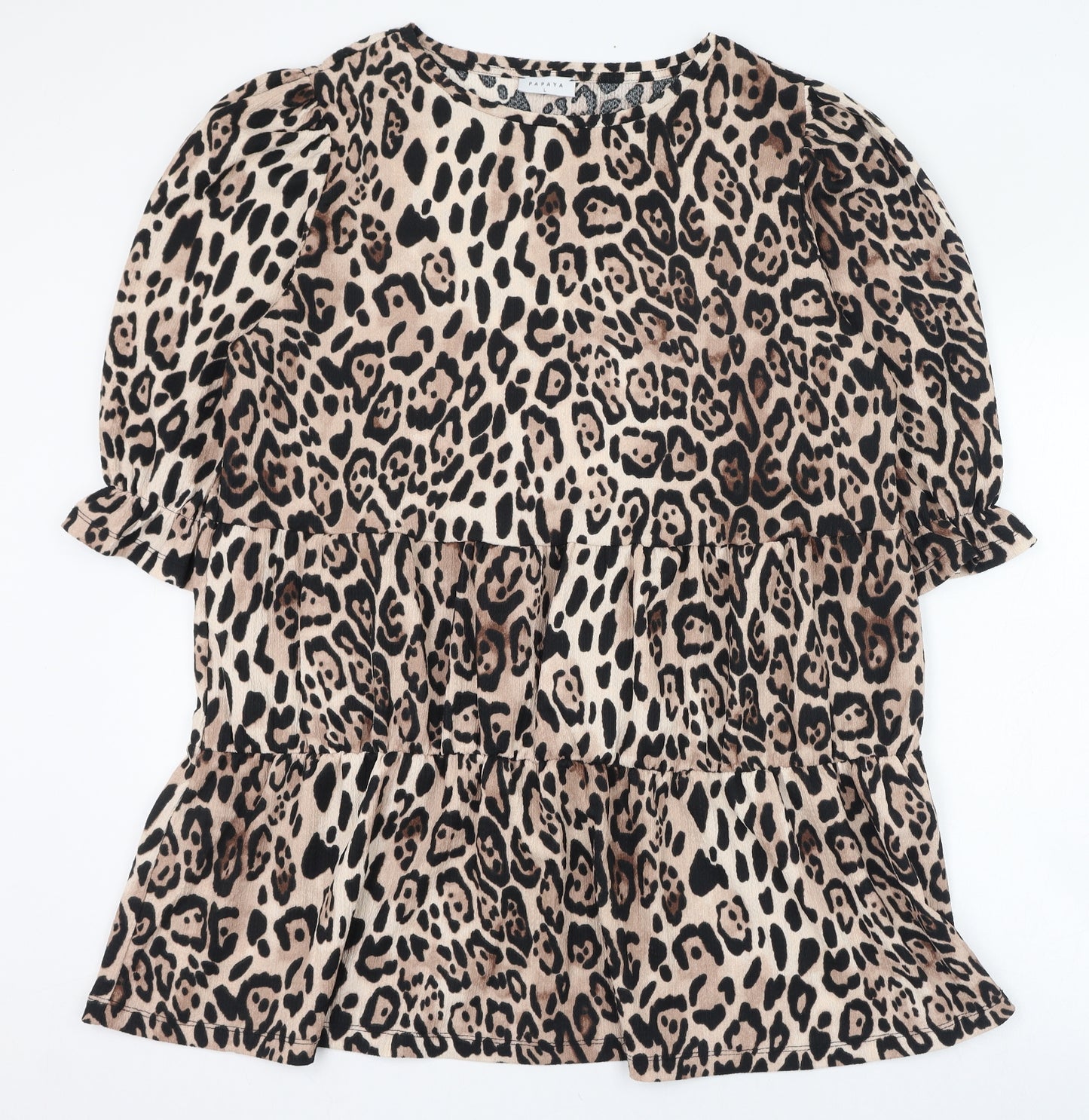 Papaya Womens Beige Animal Print Polyester Basic Blouse Size L Round Neck