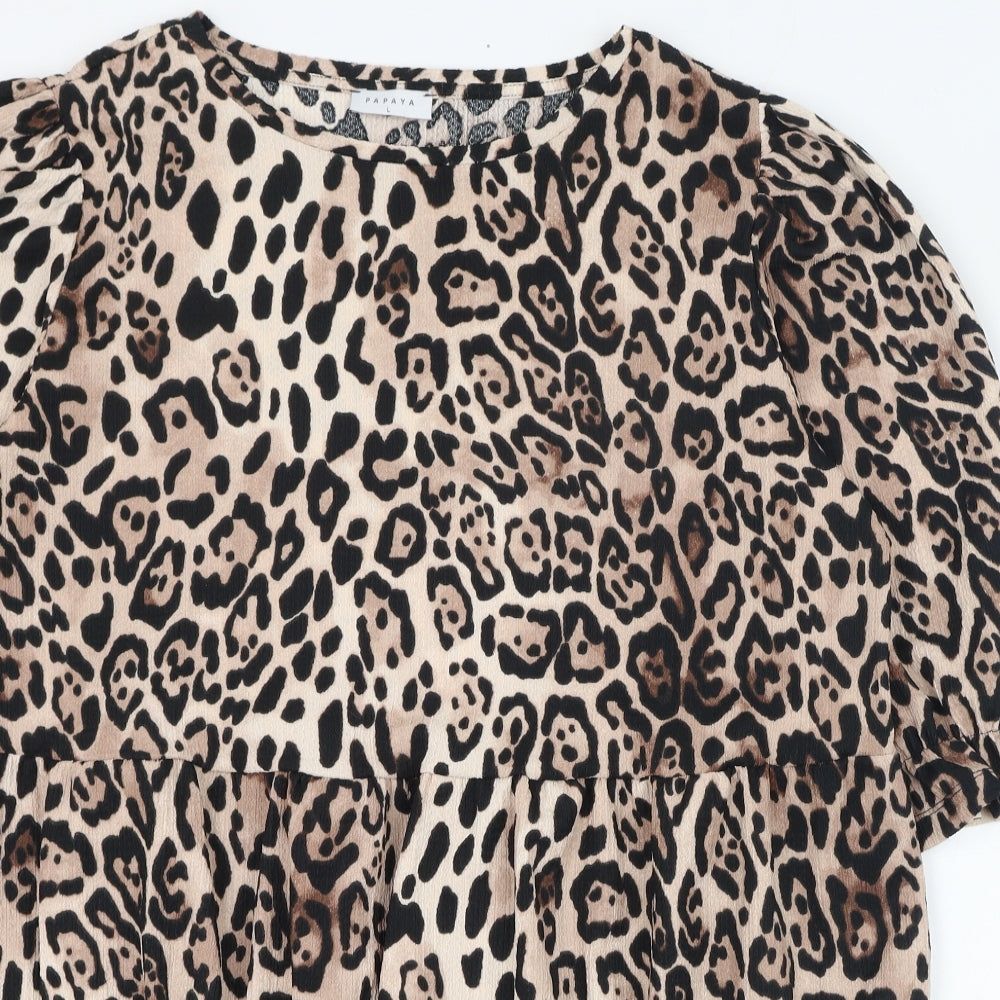 Papaya Womens Beige Animal Print Polyester Basic Blouse Size L Round Neck
