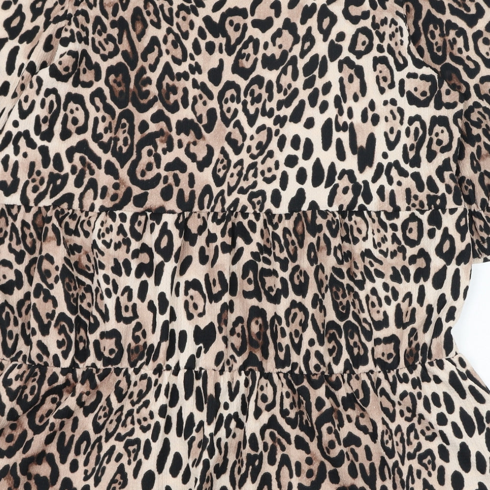 Papaya Womens Beige Animal Print Polyester Basic Blouse Size L Round Neck