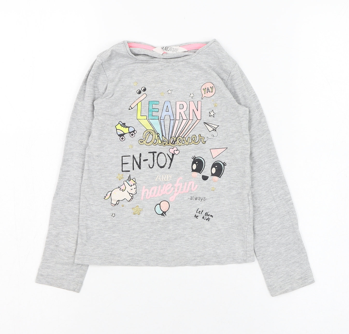 H&M Girls Grey  Cotton Basic T-Shirt Size 5-6 Years Round Neck Pullover - Unicorn