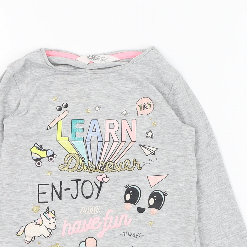 H&M Girls Grey  Cotton Basic T-Shirt Size 5-6 Years Round Neck Pullover - Unicorn