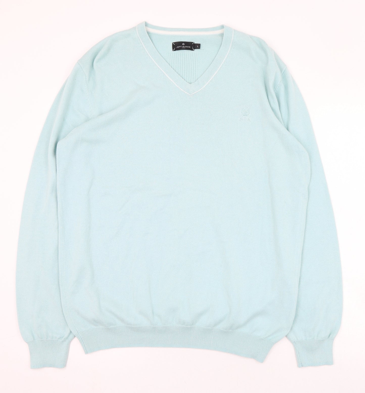 Jeff Banks Mens Blue V-Neck  Cotton Pullover Jumper Size L