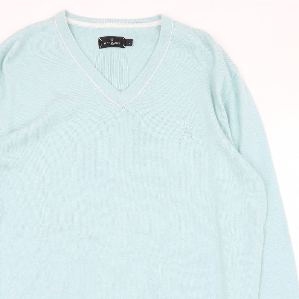 Jeff Banks Mens Blue V-Neck  Cotton Pullover Jumper Size L