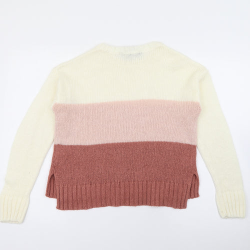 New Look Girls Pink Crew Neck Striped Acrylic Pullover Jumper Size 12-13 Years