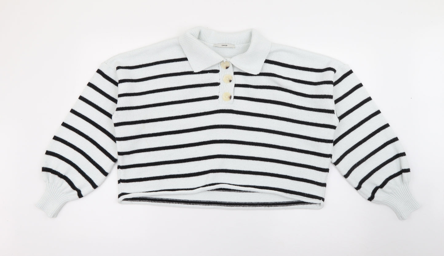 George Womens Blue Collared Striped Acrylic Pullover Jumper Size M