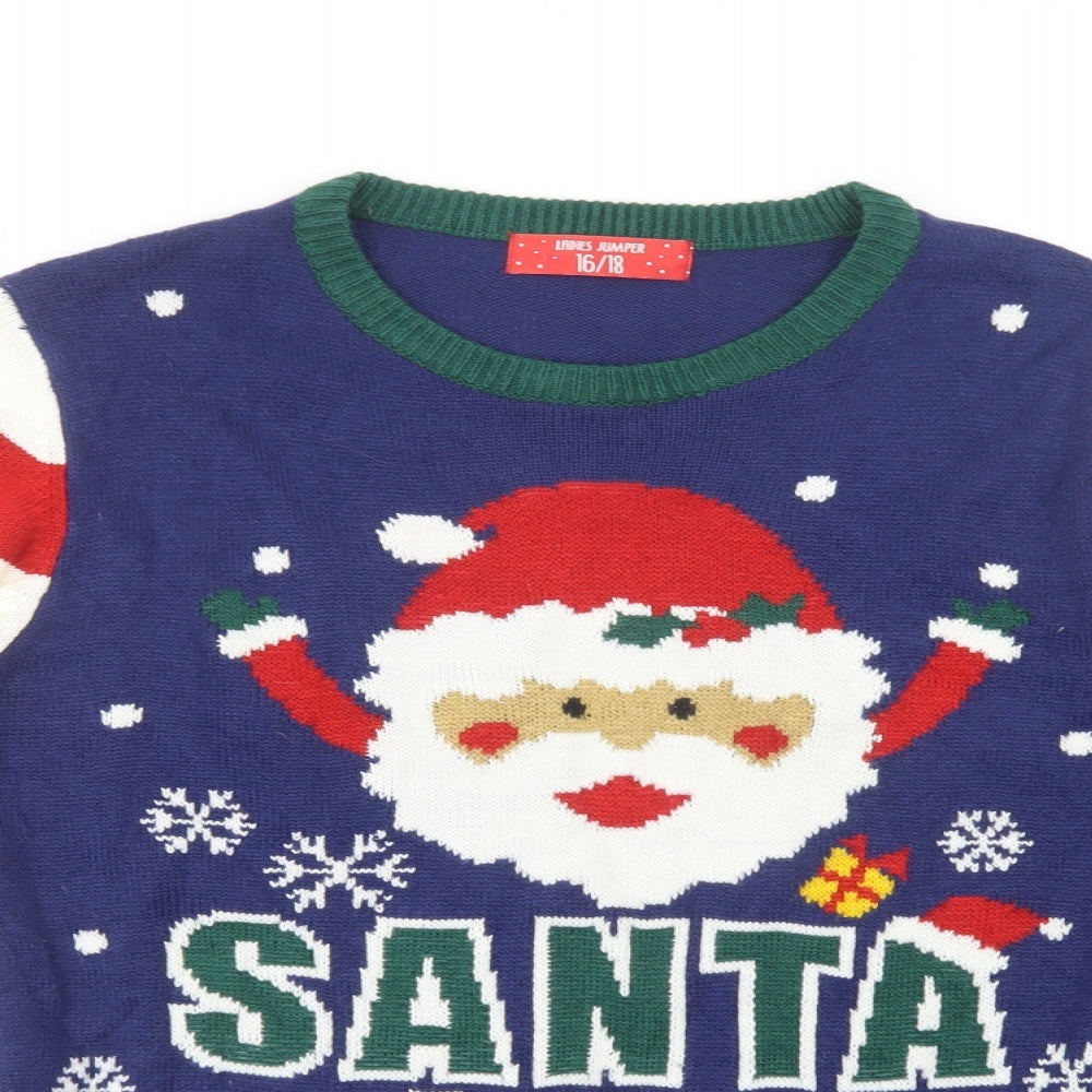 B&M Womens Blue Crew Neck Striped Acrylic Pullover Jumper Size 16   - Christmas Jumper