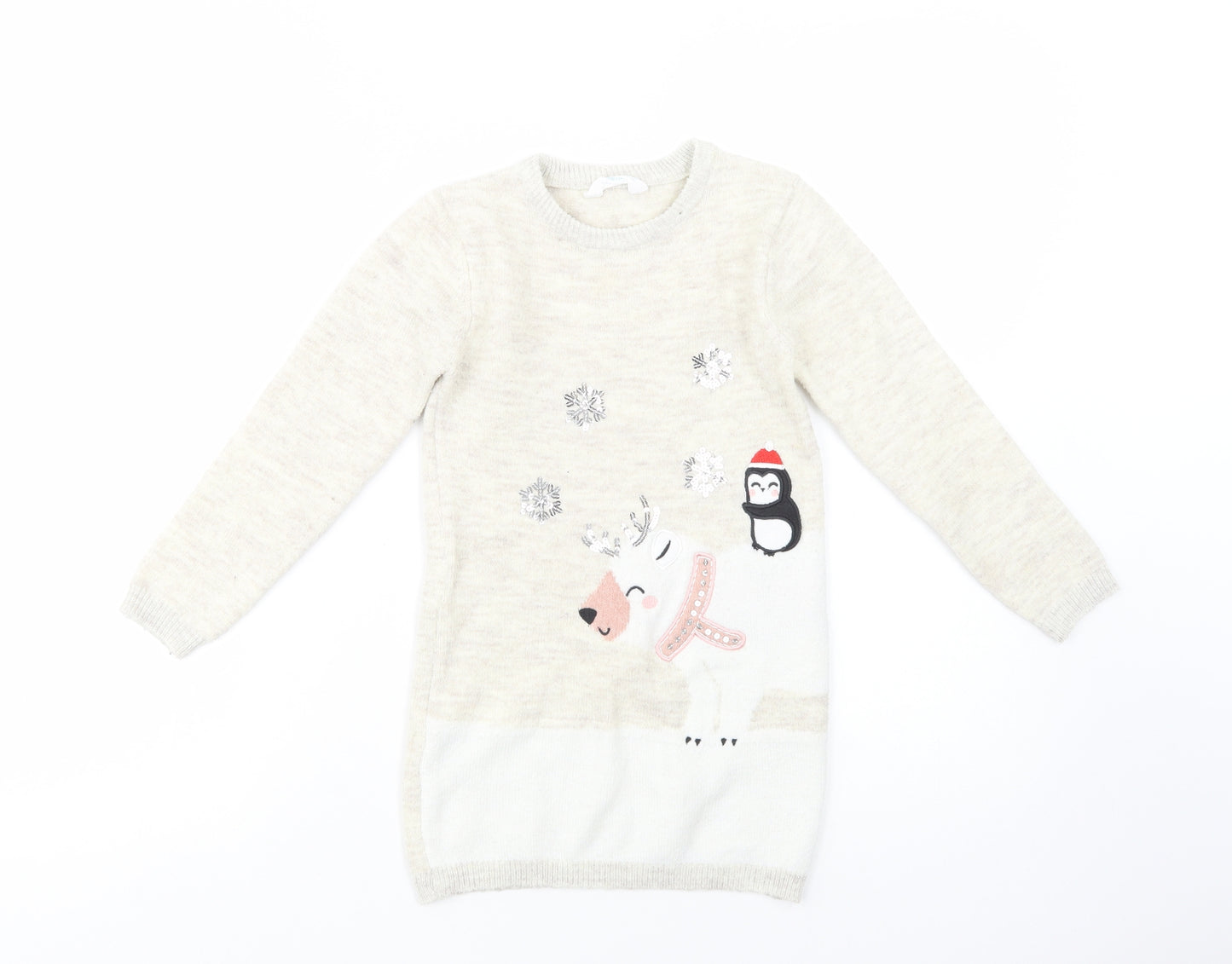 Primark Girls Beige Crew Neck  Polyester Tunic Jumper Size 5-6 Years  Pullover - Christmas Jumper