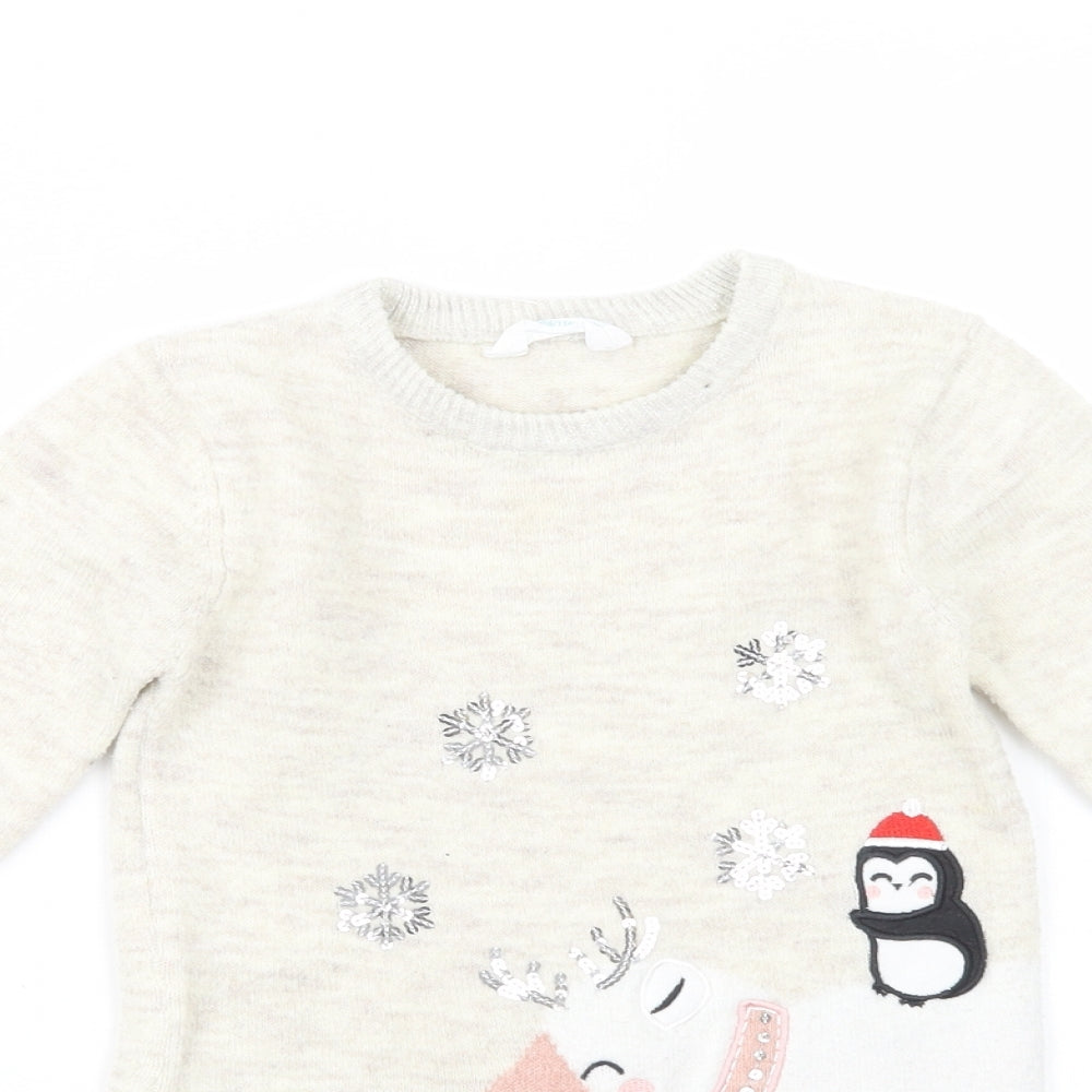 Primark Girls Beige Crew Neck  Polyester Tunic Jumper Size 5-6 Years  Pullover - Christmas Jumper