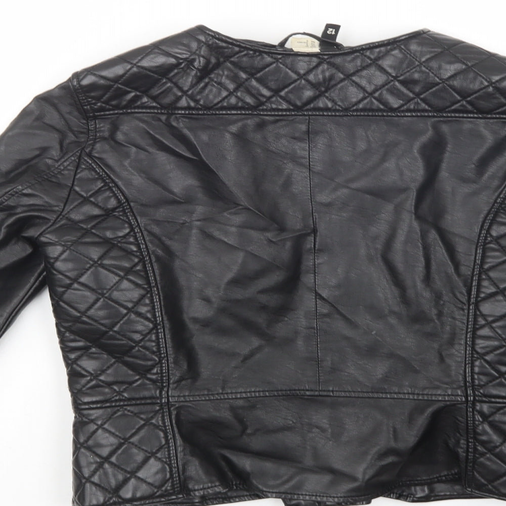 H&M Womens Black   Biker Jacket Size 10  Zip - Faux Leather
