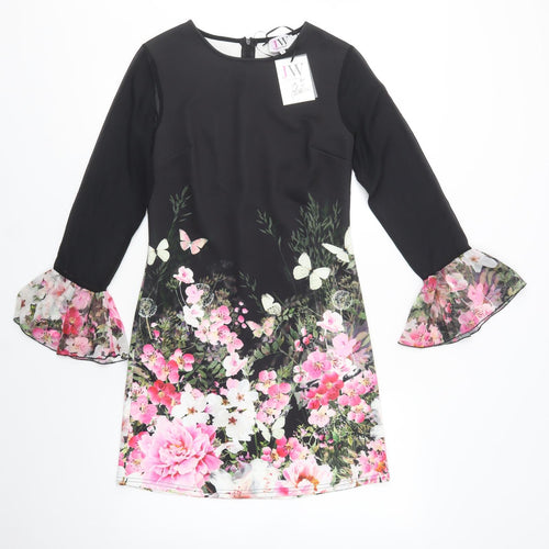 Jessica Wright Womens Black Floral Polyester Shift  Size 8  Crew Neck Zip