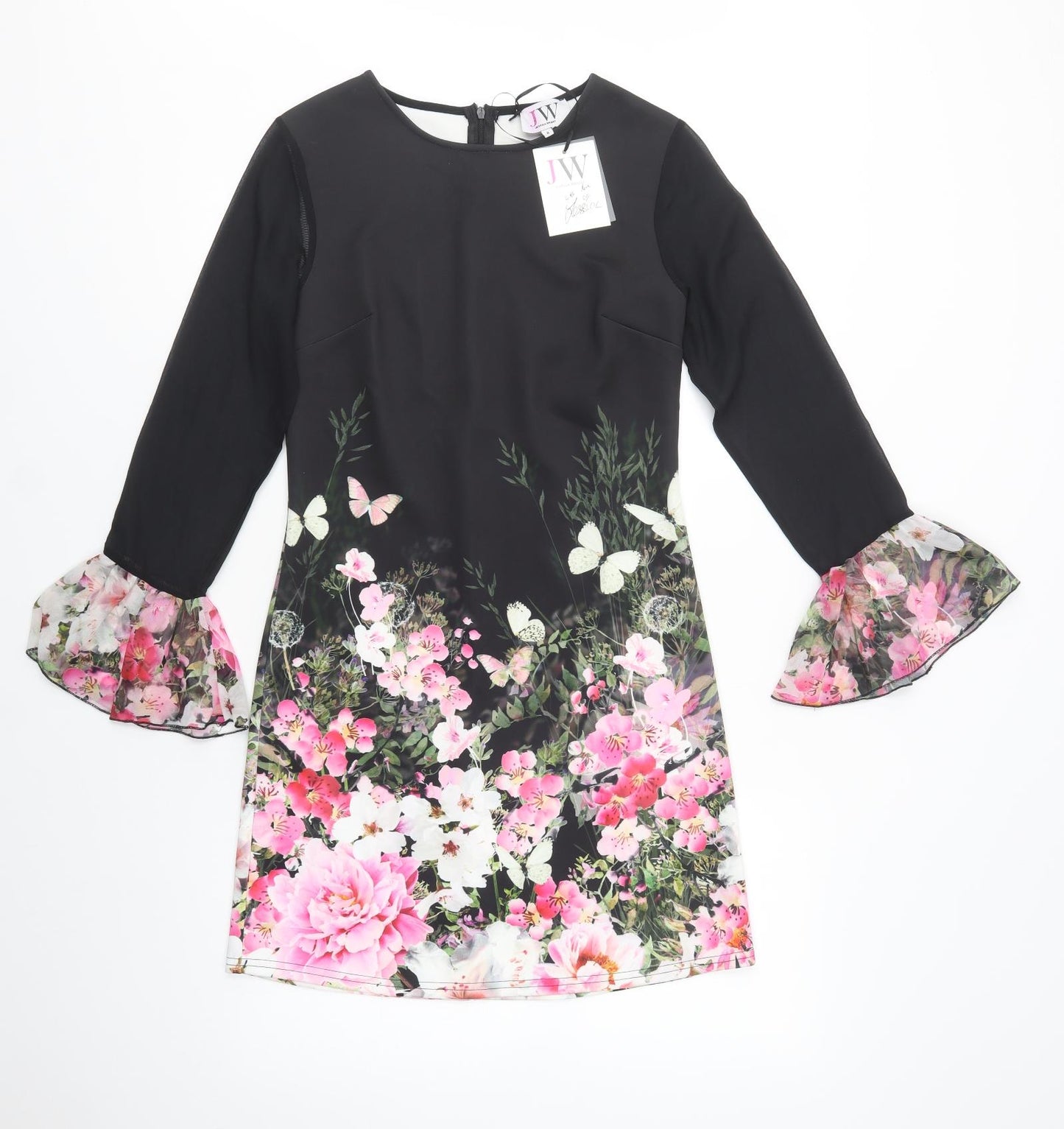 Jessica Wright Womens Black Floral Polyester Shift  Size 8  Crew Neck Zip