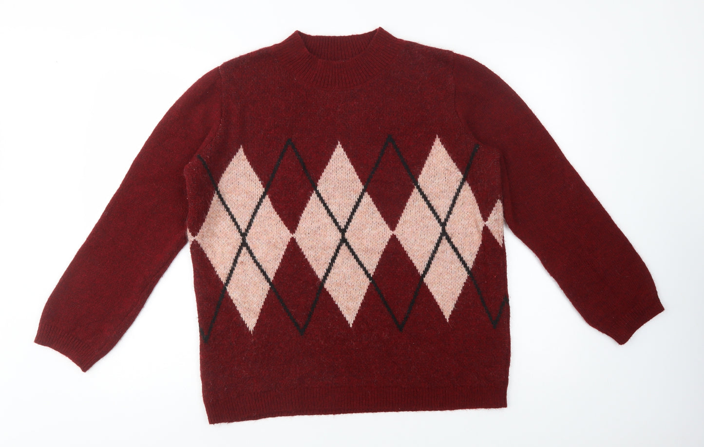 Papaya Womens Red Mock Neck Argyle/Diamond Acrylic Pullover Jumper Size L