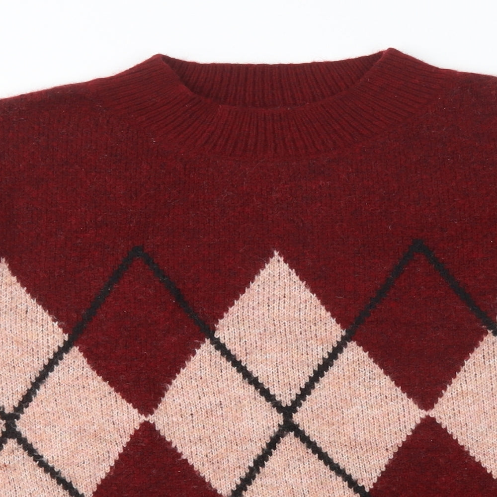 Papaya Womens Red Mock Neck Argyle/Diamond Acrylic Pullover Jumper Size L