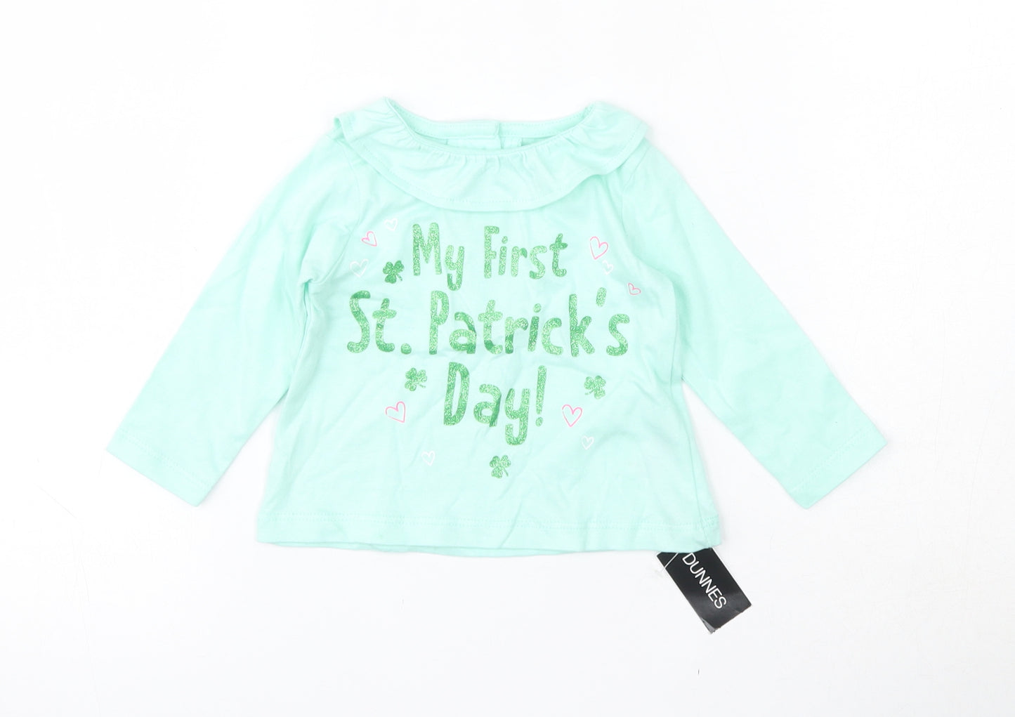 Dunnes Stores  Green  100% Cotton Basic T-Shirt Size 0-3 Months Round Neck Button - St. Patrick's day