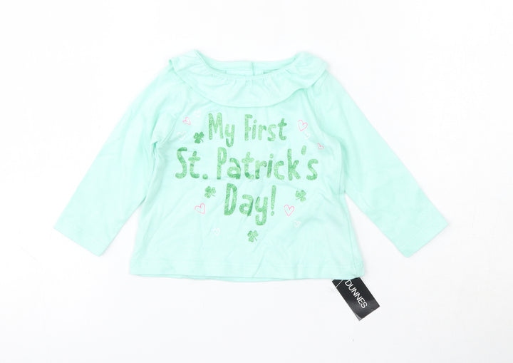 Dunnes Stores  Green  100% Cotton Basic T-Shirt Size 0-3 Months Round Neck Button - St. Patrick's day