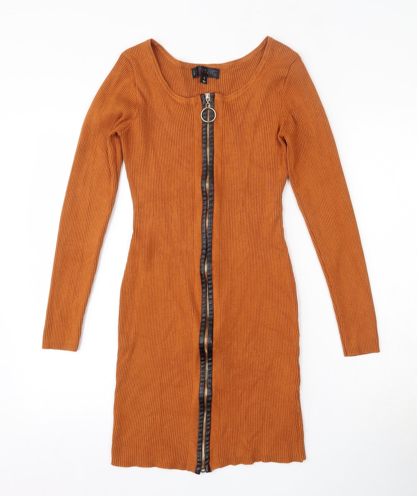 LU NYC  Womens Orange  Viscose Bodycon  Size L  Scoop Neck Zip