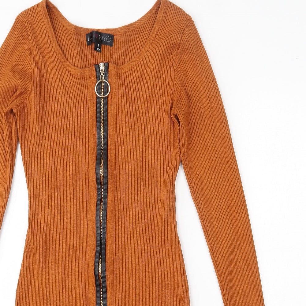 LU NYC  Womens Orange  Viscose Bodycon  Size L  Scoop Neck Zip