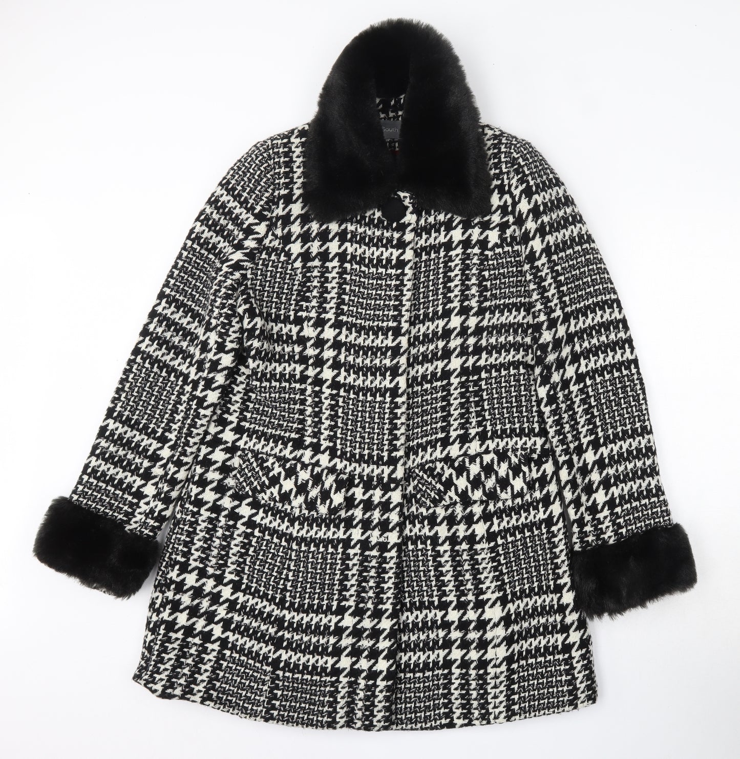 South Womens Black Houndstooth  Pea Coat Coat Size 10  Button - Faux Fur Collar