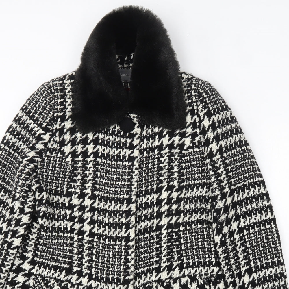 South Womens Black Houndstooth  Pea Coat Coat Size 10  Button - Faux Fur Collar
