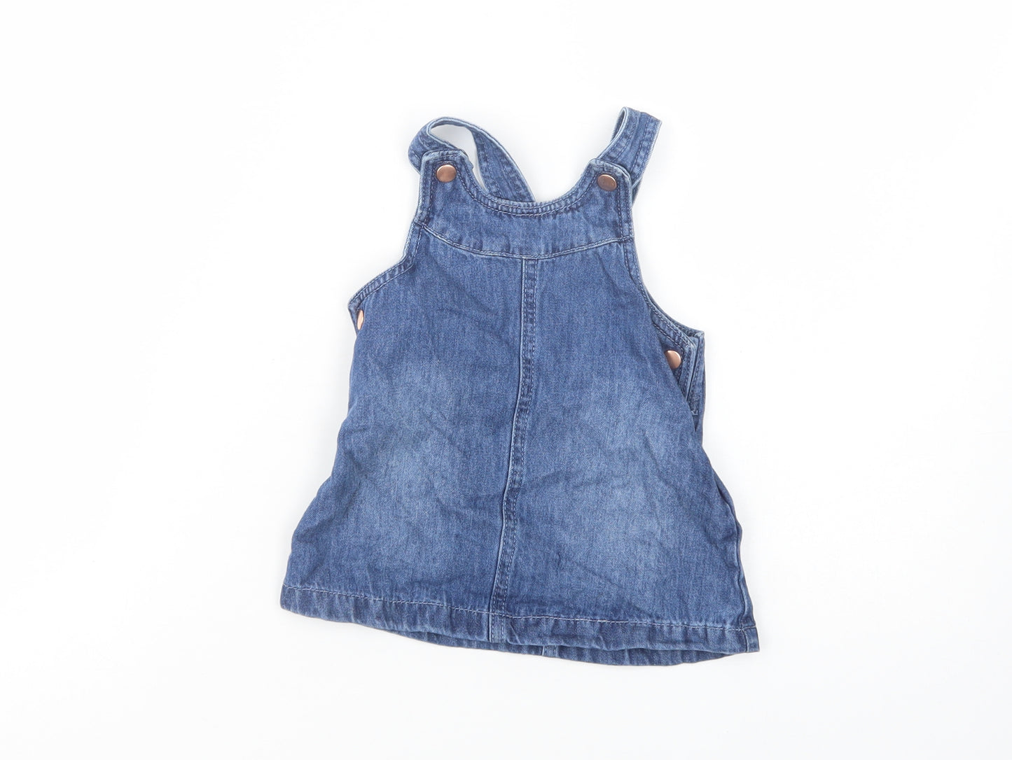 F&F Baby Blue  Cotton Pinafore/Dungaree Dress  Size 6-9 Months  Crew Neck Snap