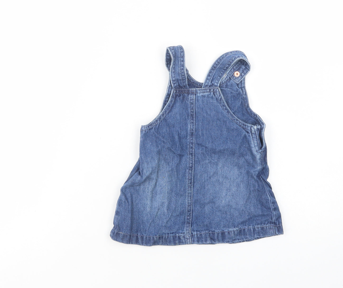 F&F Baby Blue  Cotton Pinafore/Dungaree Dress  Size 6-9 Months  Crew Neck Snap
